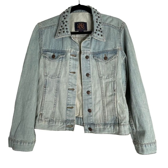 Rock & Republic Denim Jacket Womens Studded Collar Medium Light Wash Jean Jacket - Picture 1 of 9